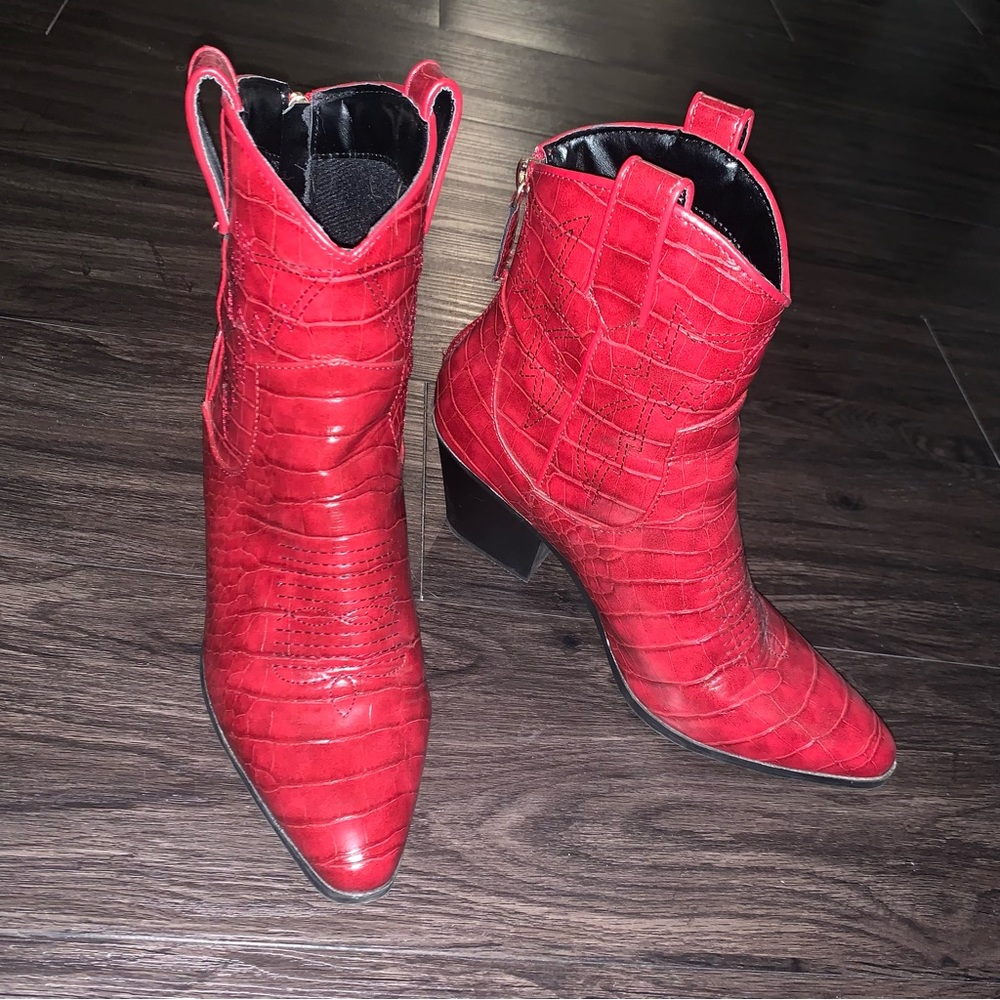 Red pointed toe heeled cowboy booties